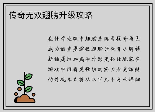 传奇无双翅膀升级攻略